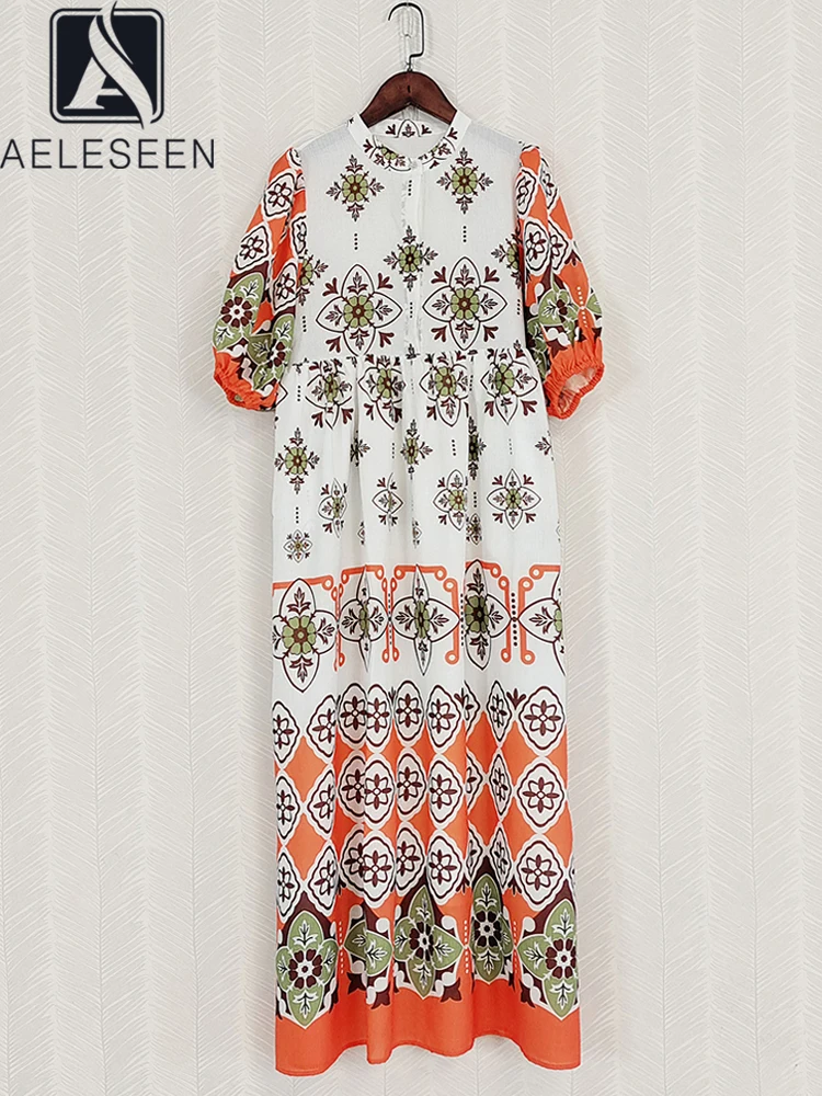 

AELESEEN Women Spring Summer Dress Runway Fashion Lanter Sleeve Flower Print Green Orange Elegant Long Party Vacation