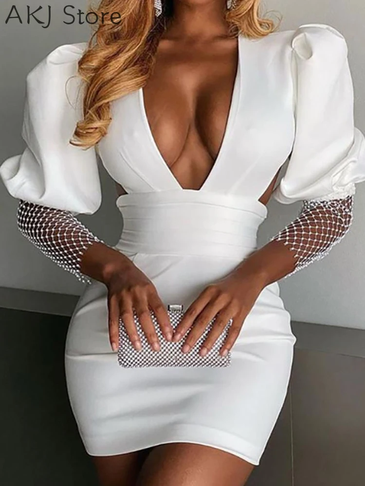 Women Puff Lantern Sleeve Mesh Beaded Backless Party Dress