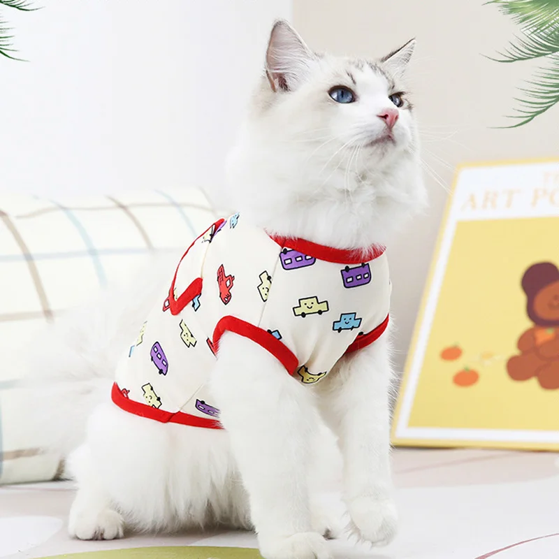 

Летняя футболка-жилет ZOOPEEN с рисунком кота и синим карманом, модная повседневная удобная домашняя одежда для кошек, украшение, оптовая прода...