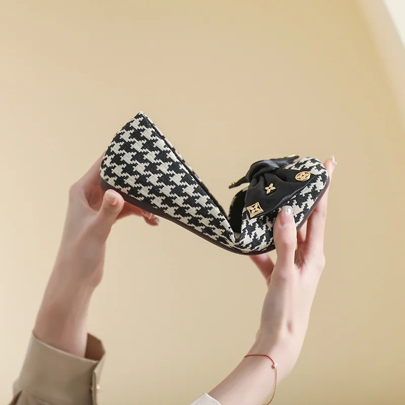 Square Toe Retro Houndstooth Single Shoes Women's Korean Version Bow Flat Beanie Shoes Soft Bottom Shallow Mouth Women Shoes