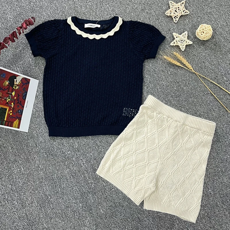 

Spring Summer Children Clothes 1-6Yrs Baby Girls Clothing Set Short Sleeve Knitted Hollow Top+Shorts Kids Clothes Suit