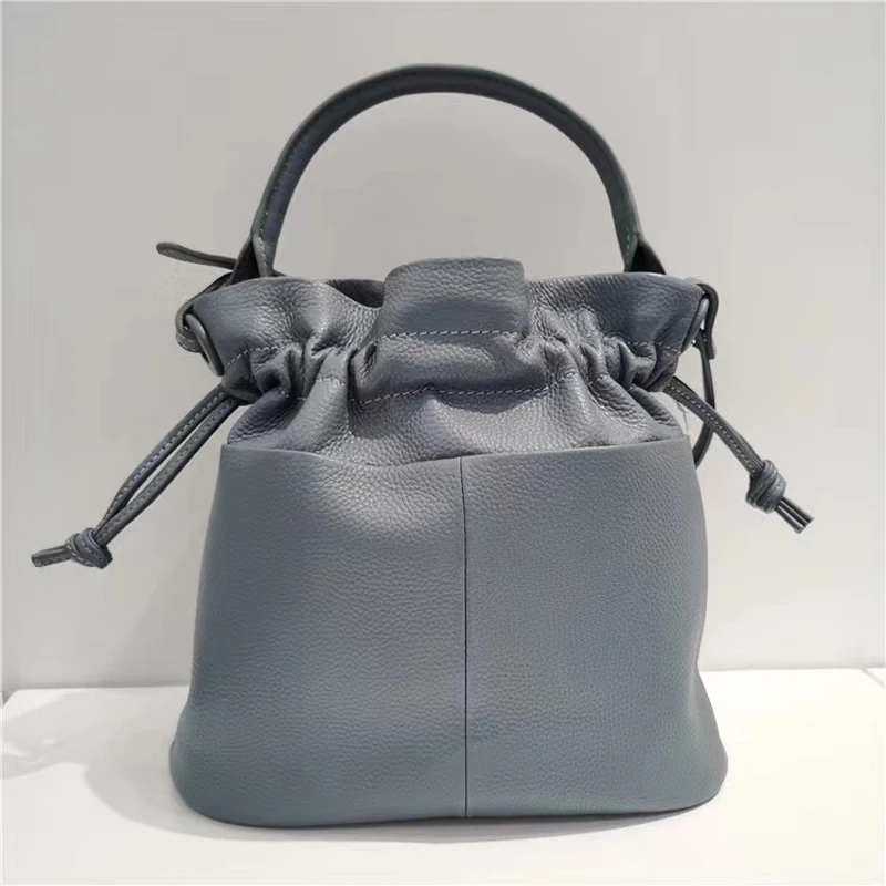 WR New  Fashion Leather Bucket Bag Ladies Handbags for Women Casual One Shoulder Drawstring First Layer Leather Bag