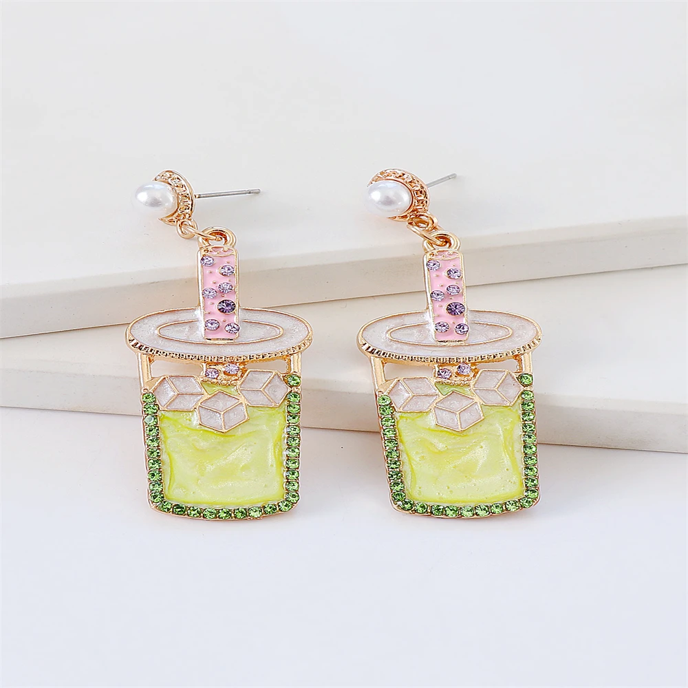 2022 Korean Style Earrings Exaggerated Creative Oil Dripping Diamond Cartoon Milk Tea Cup Earrings Cute Girl Heart Pearl Earring