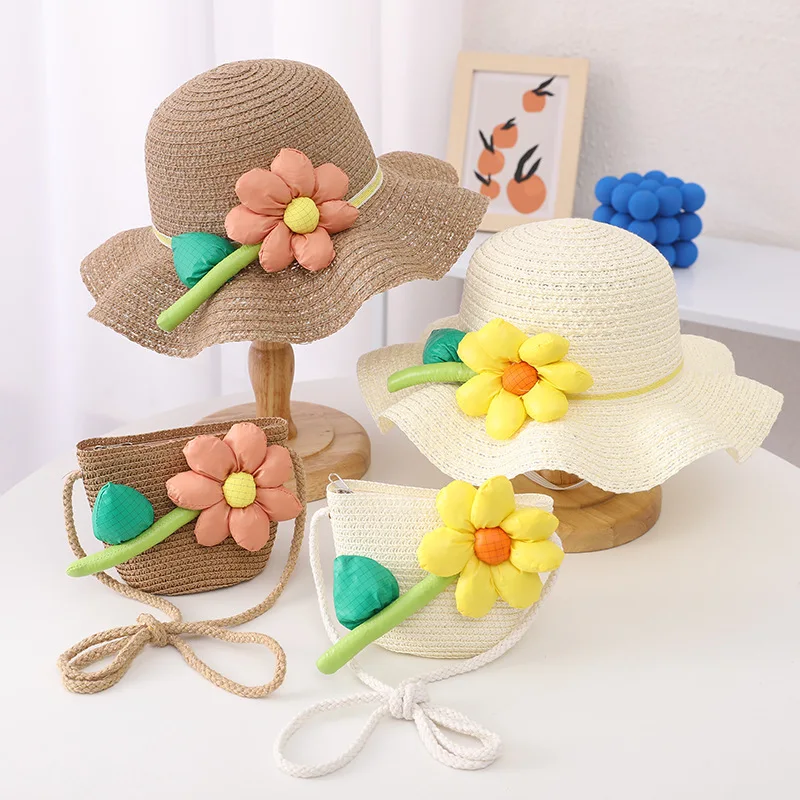 

2022 New Summer Girl Sun Flowers Caps Straw Weave Hat Baby Sweet Messenger Bag Cute Sandy Beach Coin Purse Kawaii Headgear