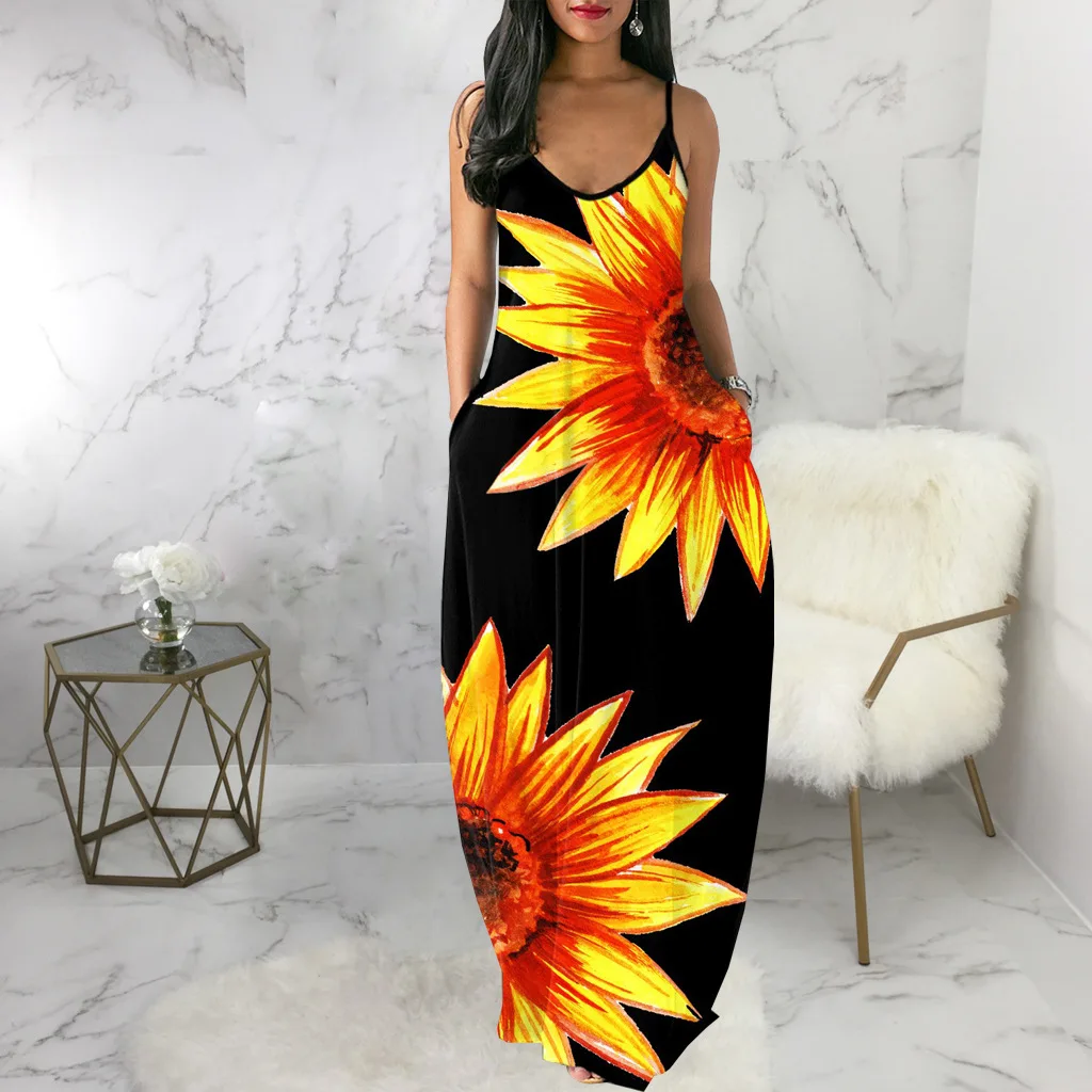 

Summer Women Maxi Dresses Casual Loose Long Sling Dresses Flower Print Sexy Beach Holiday Halter Dress