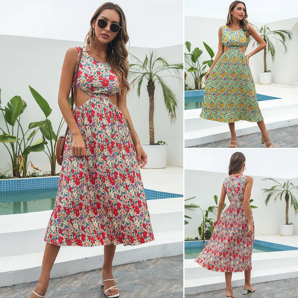 

Women's Fragmented Flower Dress Open Waist, Hollow Out Sleeveless Chiffon Large Swing, Mid Length, Pleated Tank Top, Maxi Dress