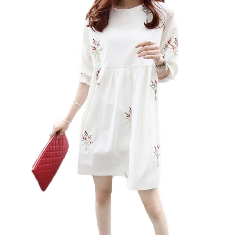

Maternity Clothes Cotton and Linen Embroidered Short Sleeved Loose Doll Skirt
