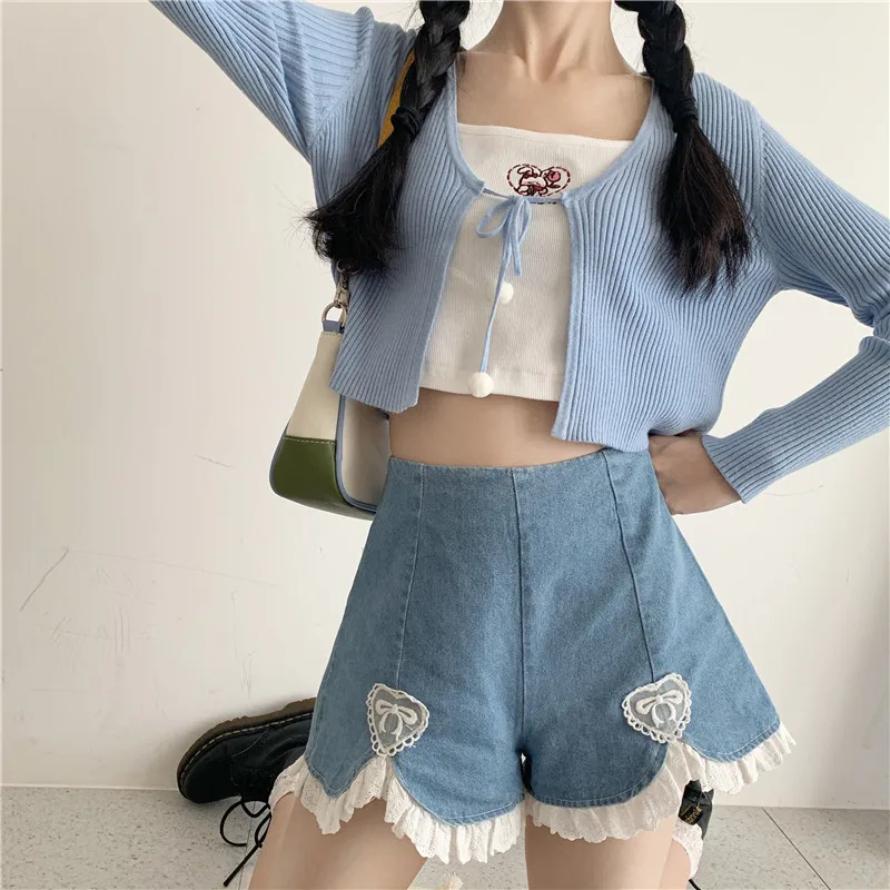 Sweet Kawaii Shorts Women Harajuku Cute Lace Ruffles Denim Short Pants Japanese E Girls Sexy Punk High Waist Shorts 2021 New
