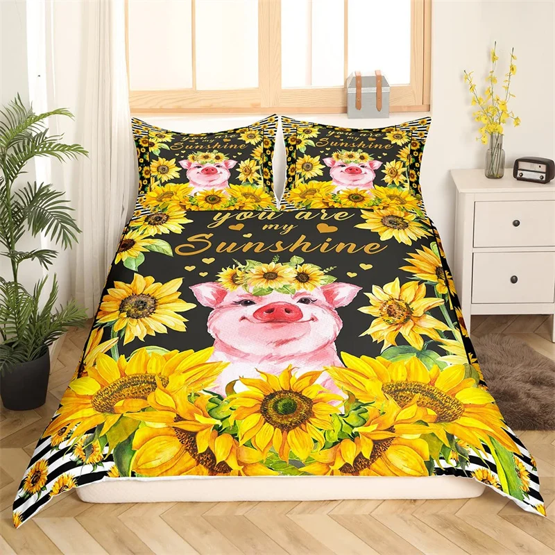 

Kawaii Pig Bedding Set Farm Animal Duvet Cover Polyester Pigs Floral Comforter Cover Twin King For Teen Boy Girl Gift Room Decor