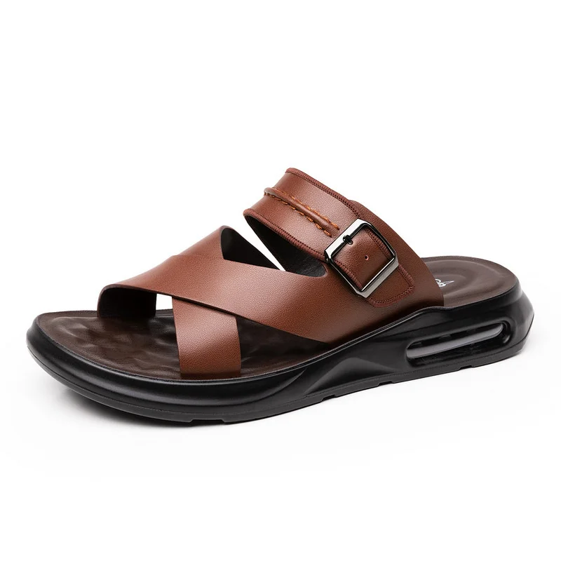

2022 Genuine Leather Summer Shoes Men Sandals Flat Non-slip Soft Leather Mens Beach Sandals Holiday Shoes Black Brown A4613
