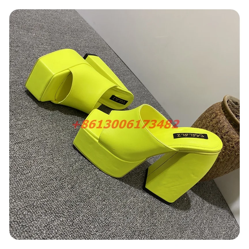 Женские шлепанцы конфетных цветов квадратный каблук платформа открытые Тапочки