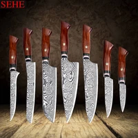sehe kitchen knives set damascus steel vg10 chef knife cleaver paring bread knife red rosewood handle 1 7pcs set