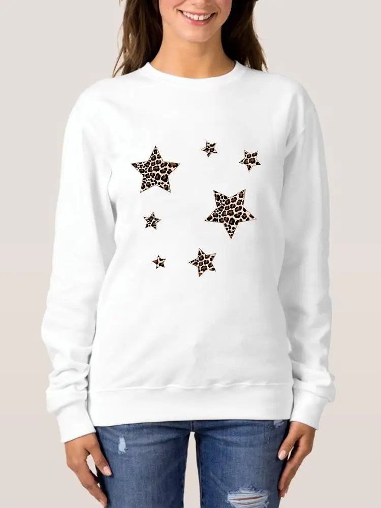 

Свитшот женский с круглым вырезом, Повседневная модная одежда с графическим принтом, милый Леопардовый пуловер со звездами, весна-осень