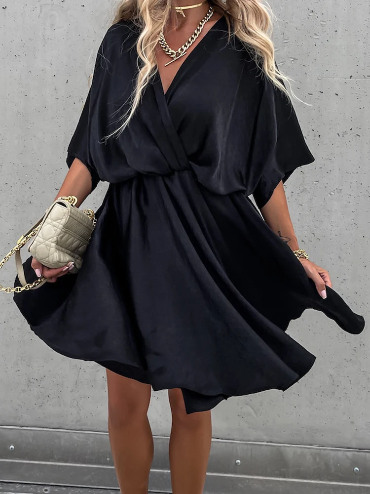 

Elegant Solid Women Short Sleeve Satin Mini Dress Fashion V Neck Waist Pleated Commuter Dress Casual Waist Loose A-Line Dresses