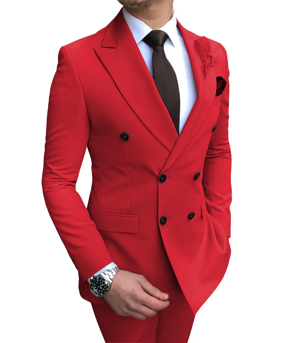 

2022 New Arrival Men Suits Red Groom Tuxedos Peak Lapel Groomsmen 2 Pieces Wedding Best Man ( Jacket+Pants+Tie )