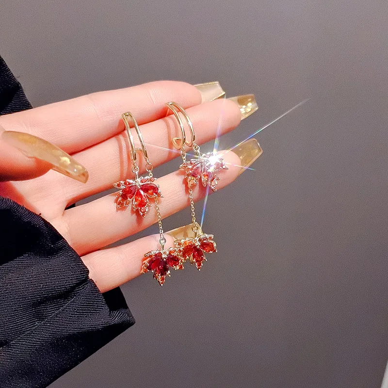 

NEW Red Maple Leaf Tassel Long Earrings Women's Light Luxury Full Diamond Silver Needle Dangle Earrings