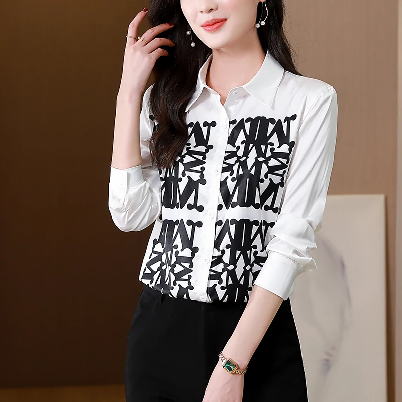 

Korean Autumn Silk Long Sleeve Women Shirt SATIN Turn-down Collar Office Lady Women Tops White Blouse Women Camisas De Mujer
