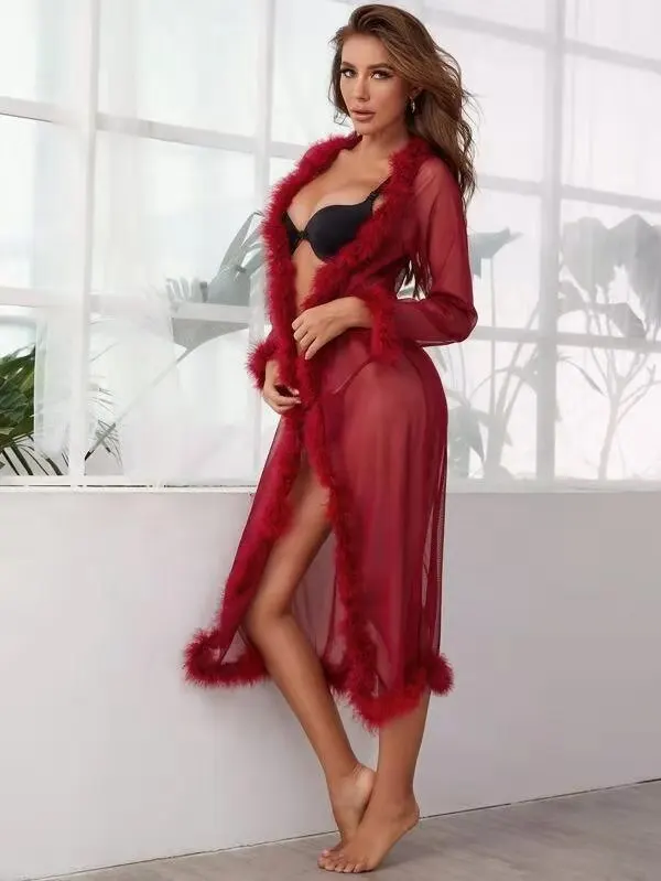 

Wedding Peignoirs for Women Bridesmaid Dresses Maternity Bridal Feather Robes See Through Lace Fur Nightgown Bathrobe