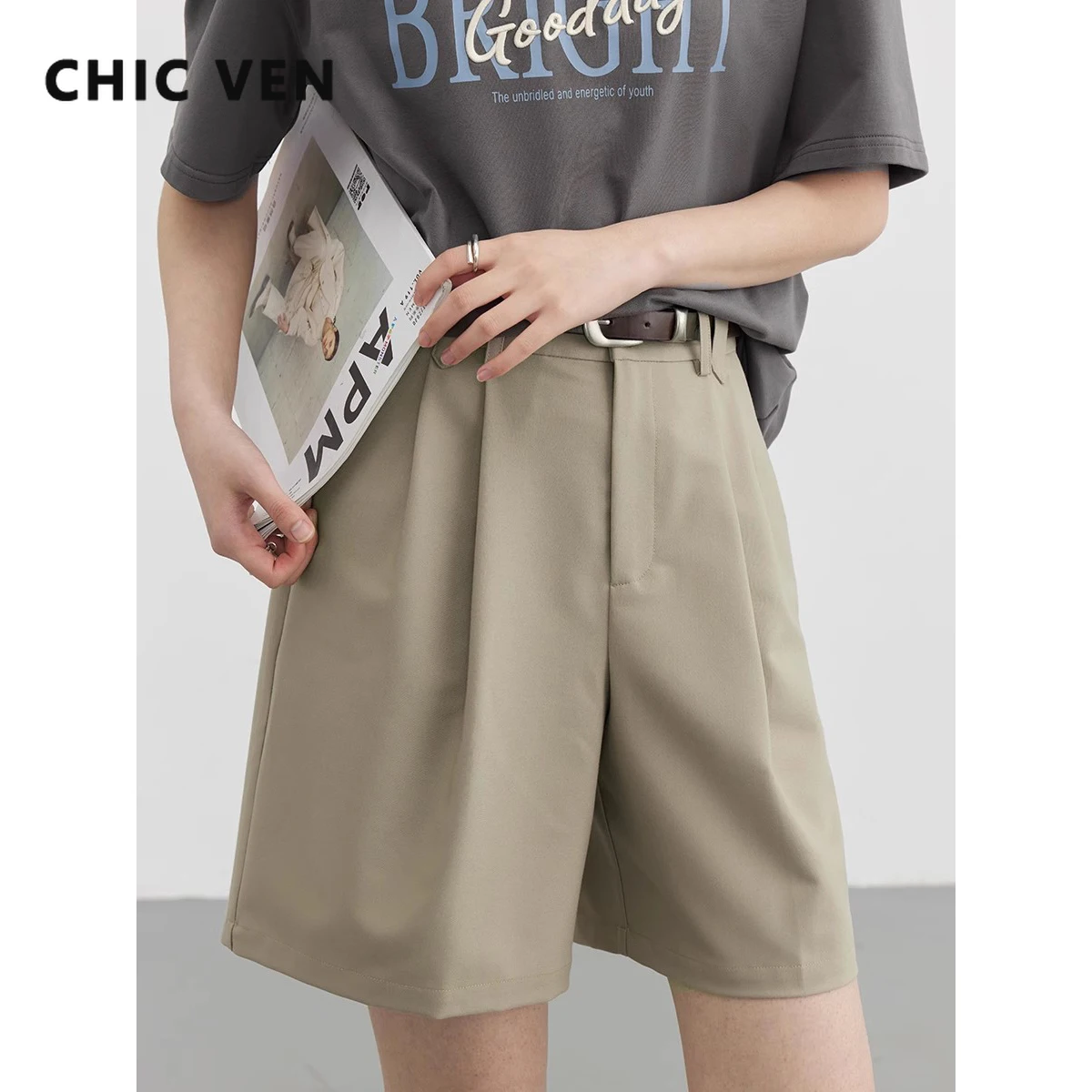 CHIC VEN Women's Loose Shorts Casual Solid Suit Short High Waisted Slim Wide Leg Pants Female Half Trousers Summer 2023 Girl