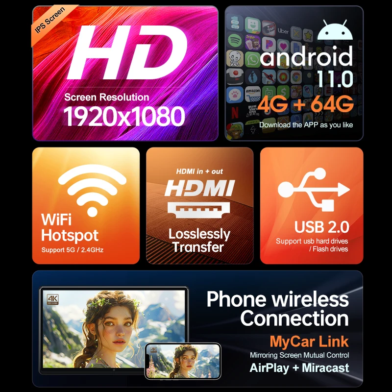 vi zagłówek samochodowy TV edycja uniwersalna tylny ekran rozrywki samochodu Airplay wyjście HDMI Wifi Bluetooth 4K film