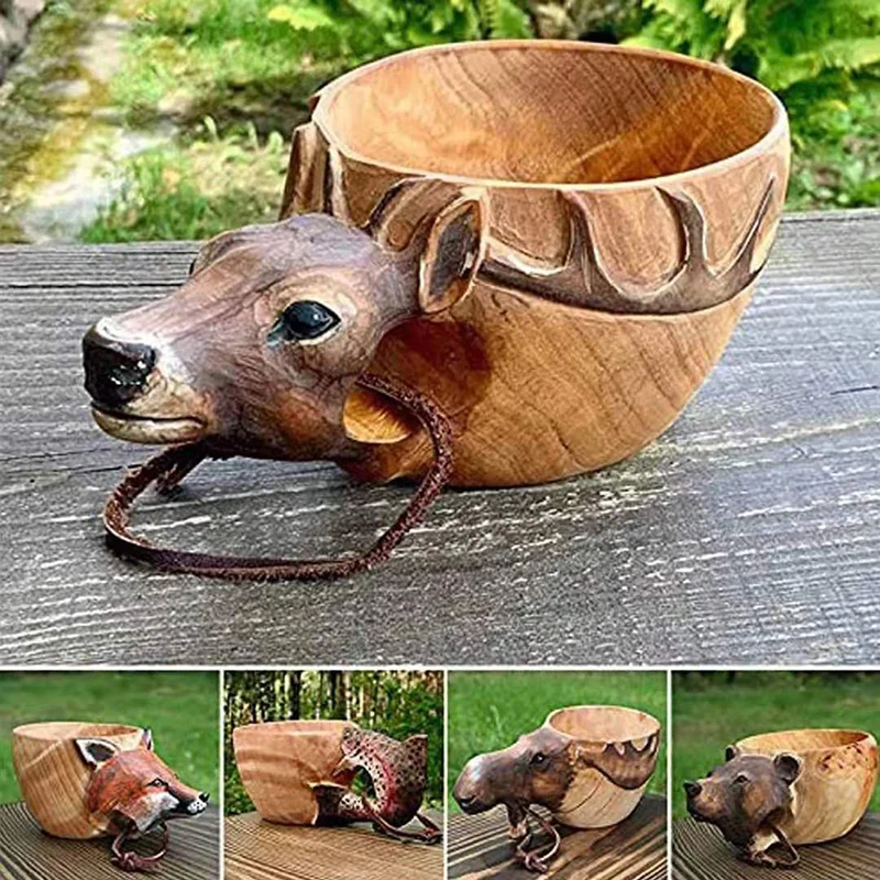 

Hand Carved Cup Scandinavian Kuksa Wooden Coffee Mug Camping Gear Cup Guksi Kuksa Bear/Fox/Wolf/Fish/Moose/Deer/Wild Boar Mug