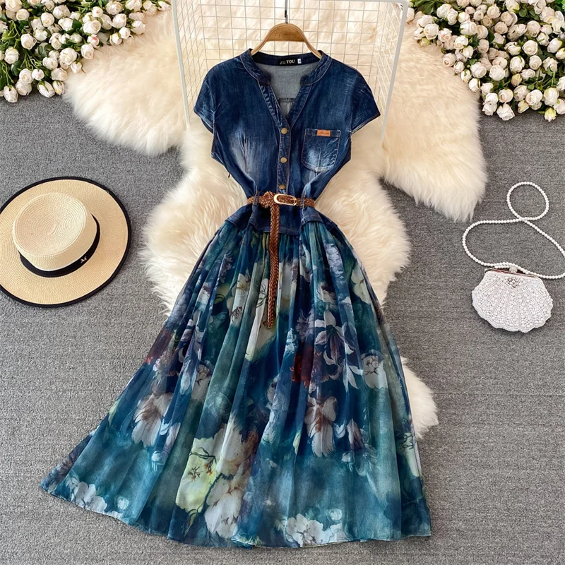

Summer New Women Blue V-neck Denim Splicing Printed Chiffon Dress With Belt Women Short Sleeve Ladies Slim Long Dresses Vestidos