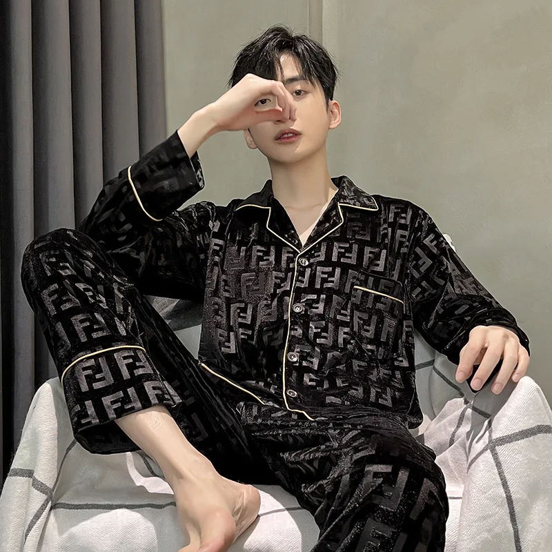 Men Pajama Set Cardigan Pleuche Velvet Loose Spring Autumn Winter Long Sleeve Pattern Pant Sleepcoat Trouser Homewear Nightshirt