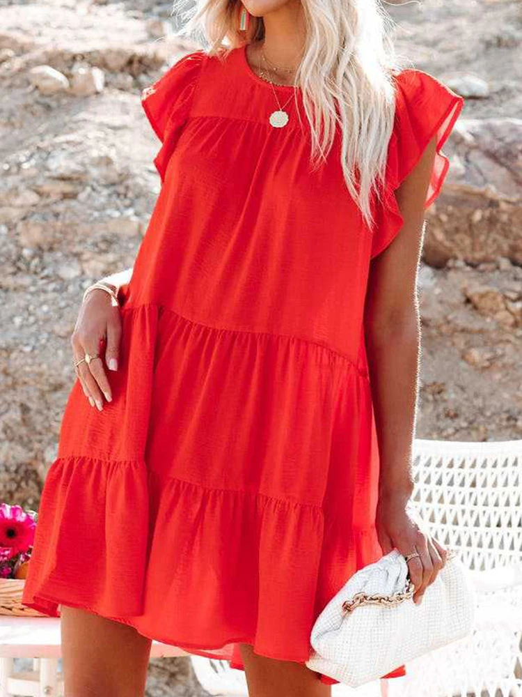 

Summer Butterfly Sleeve Pleated Loose Dress Elegant Women O-neck Solid Casual A-neck Dress Office Fashion Commuter Mini Dresses