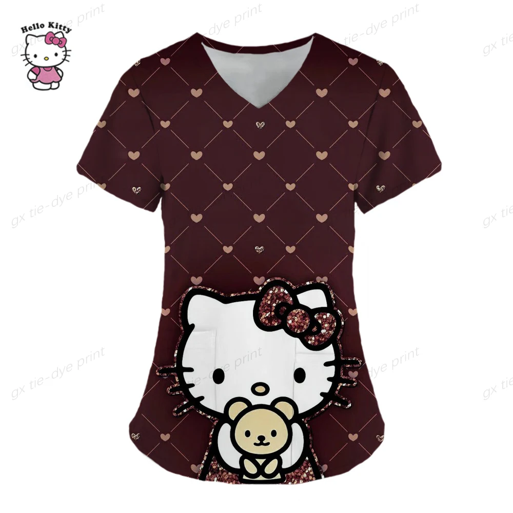 Hello Kitty Print surgical uniforms pharmacy hospital nurse scrubs tops breathable beauty salon dentistry pet doctor overalls