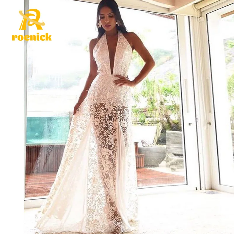 

ROENICK Women's Evening Elegant Party Halter Dress Cocktail Nightclub Sexy Backless Maxi Vestidos Lace Floor-Length Prom Gown