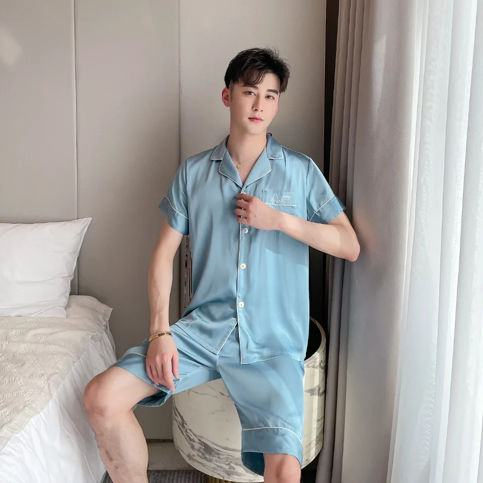 [Women's pajamas] [high-quality]Couple Ice Silk Pajamas for Men and Women Advanced Spring/Summer Thin Home Fur Set