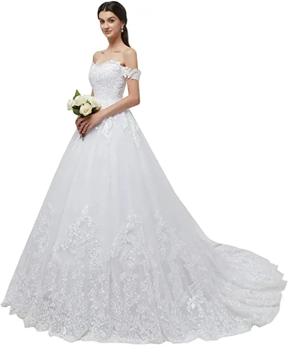 

Womens Princess Off the Shoulder Wedding Dress Applique Chapel Train Bridal Ball Gown Plus Size