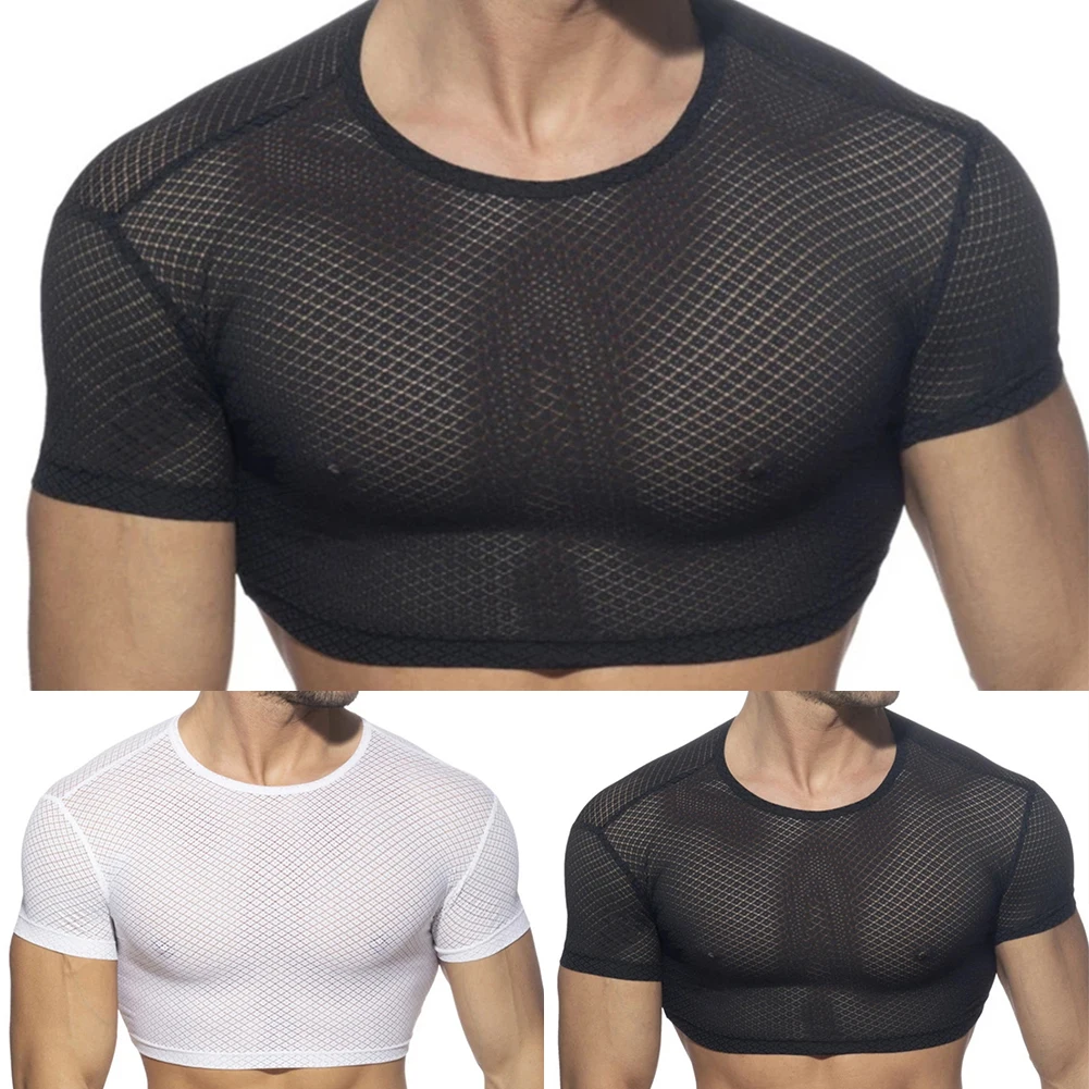 

Mens Sexy Cropped Tops Summer Fitness Exercise T-Shirts Breathable Mesh Tee Shirt Short Sleeve Sweatshirt Muscle Sportwear Top