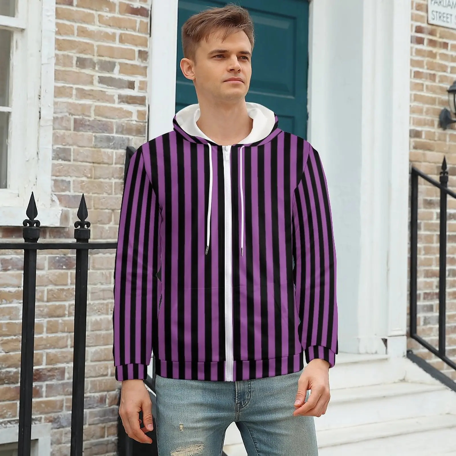 

Vertical Striped Halloween Loose Hoodies Purple Black Lines Casual Hoodie Long Sleeve Harajuku Print Sweatshirts Plus Size 5XL