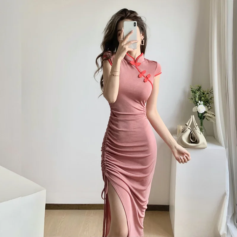 

Daily Vintage Cheongsam 2023 New Improved Drawstring Waist High Slit Buttock Wrap Dress Chinese Style Summer Pink Long Dresses