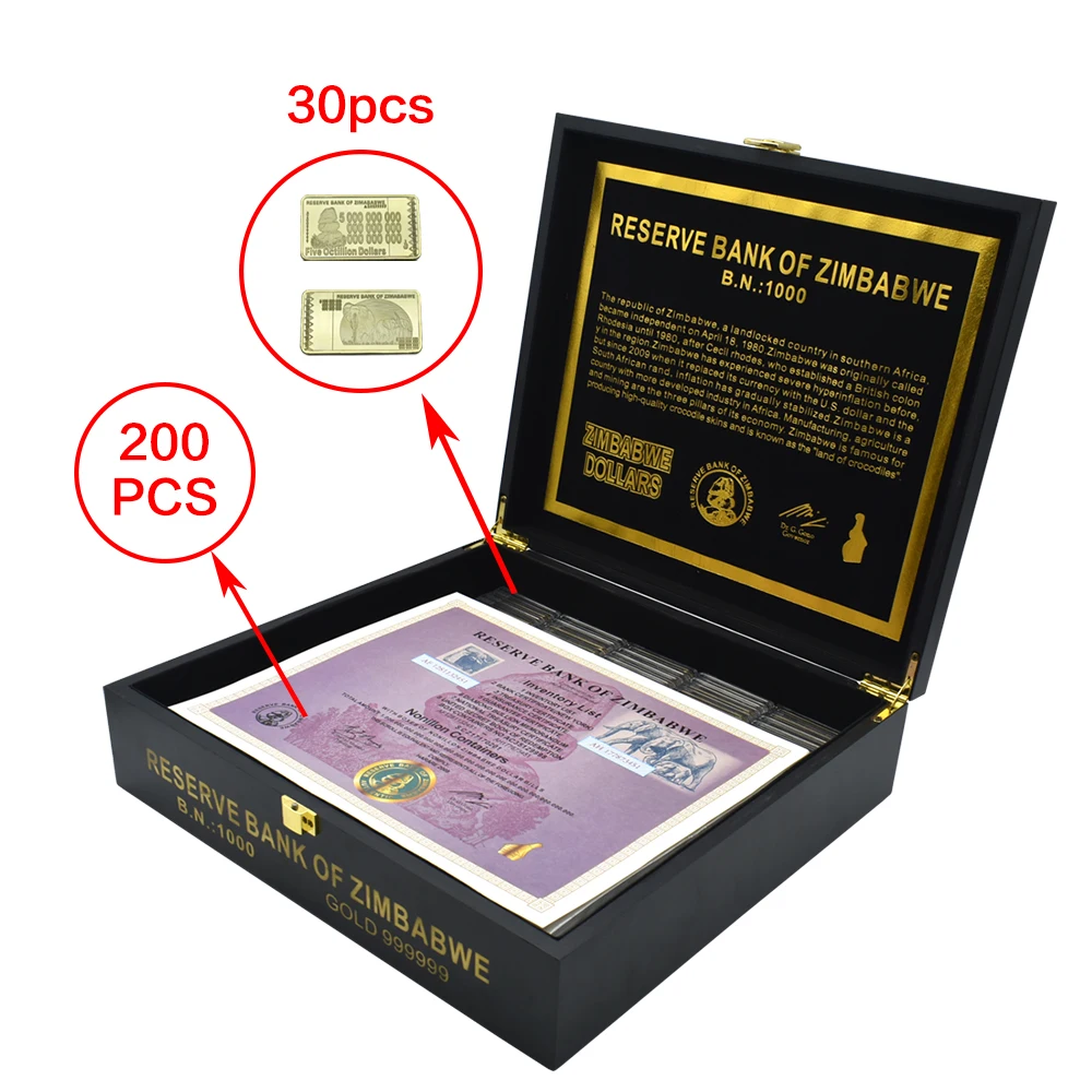 

200pcs/box Nonillon Containers Zimbabwe Coupon Banknotes 54 Zeros with Serial Number with Wooden Box Business Gifts