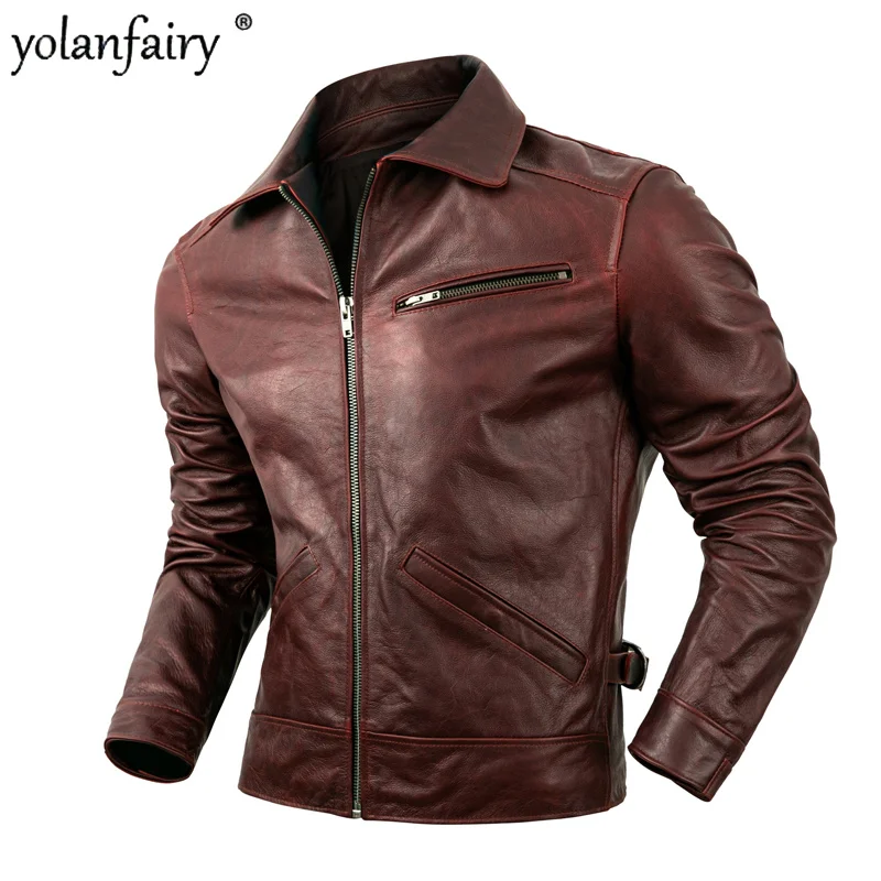 

Мужская короткая мотоциклетная куртка, Повседневная винтажная куртка из натуральной воловьей кожи, Lq442, осень 2023