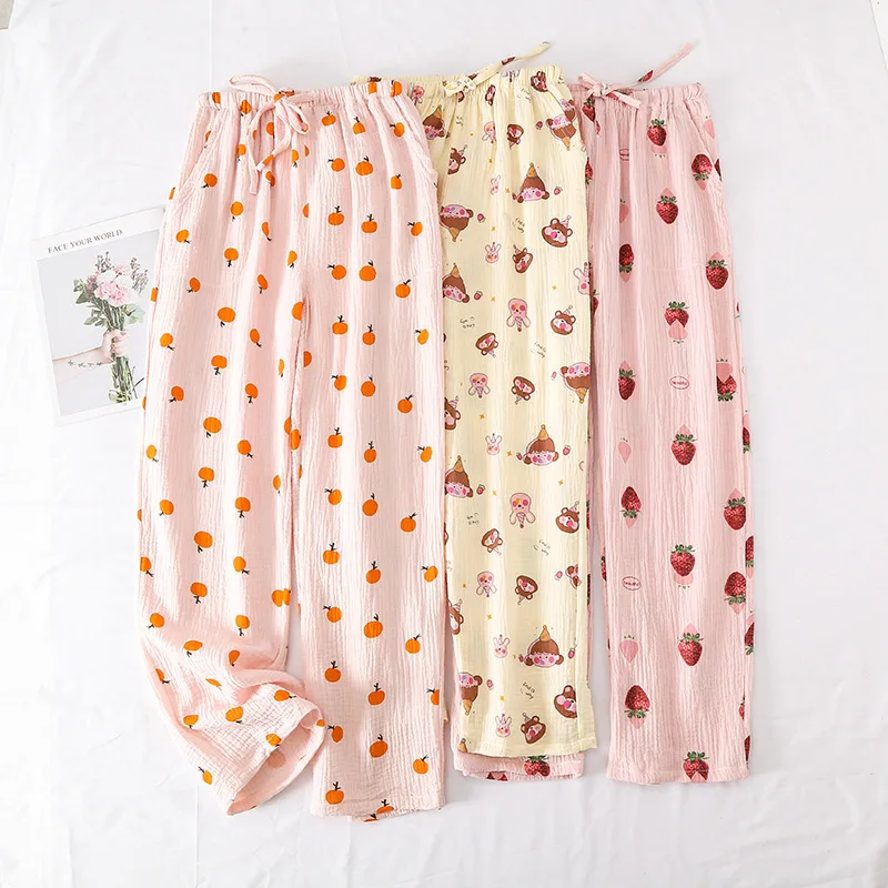 Pajama Pants Ladies Crepe Trousers Double Layer Gauze Spring Seersucker Pockets Thin Home Sweat-absorbing Loose Bottoms Women