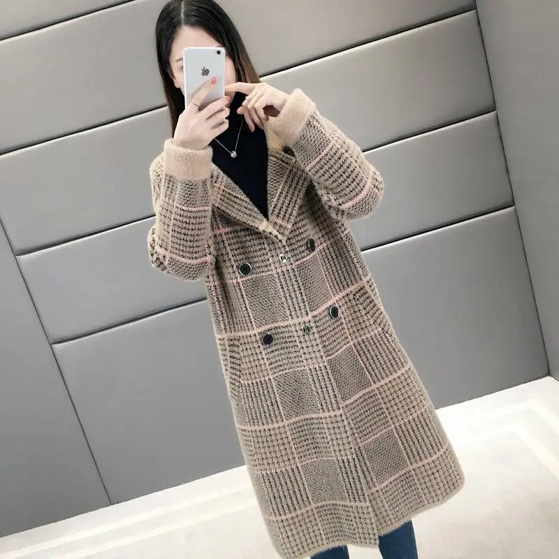 Imitation Mink Cashmere Coat Mid Long Faux Mink Velvet Jacket 2023 Winter Fall Loose Slim Thick Plaid Coat Soft Faux Fur Jackets