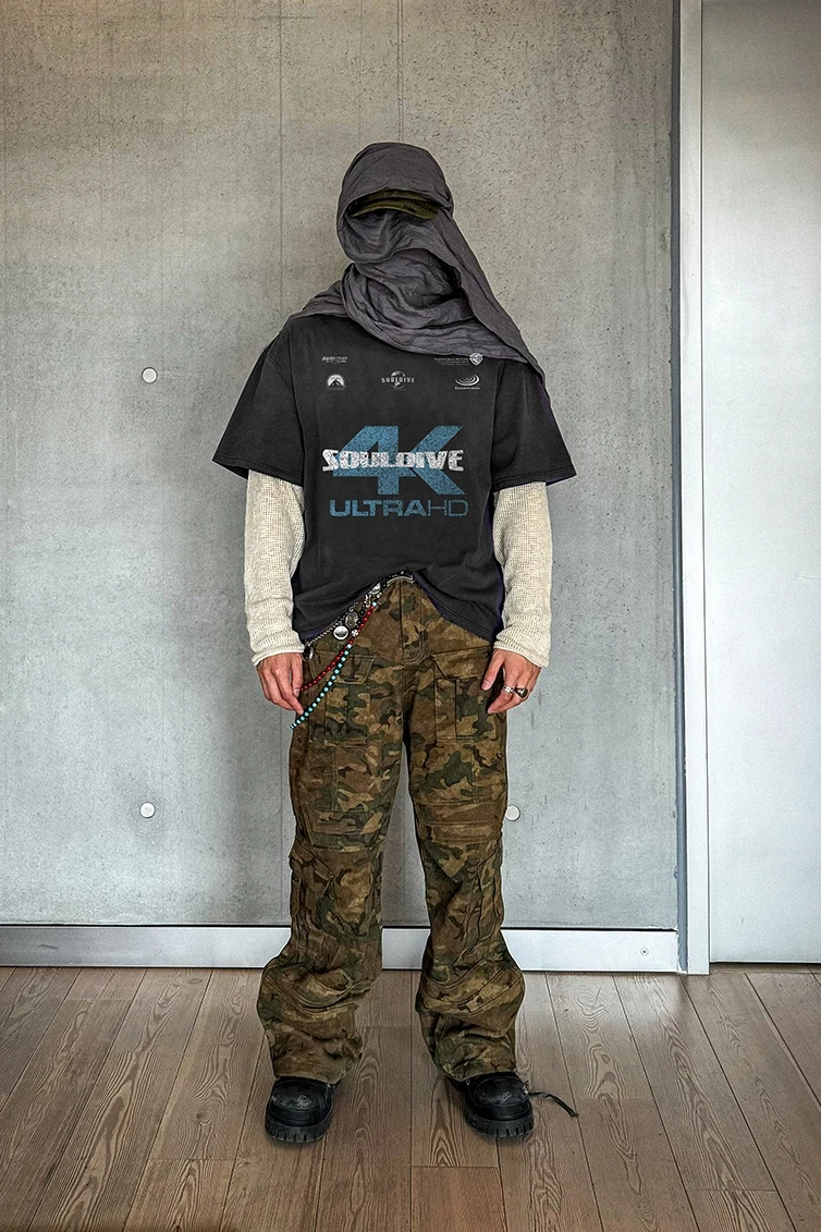 Souldive 24ss 4K Logo Print Short sleeve Washed Old Damage Small Neckline Vintage Tee