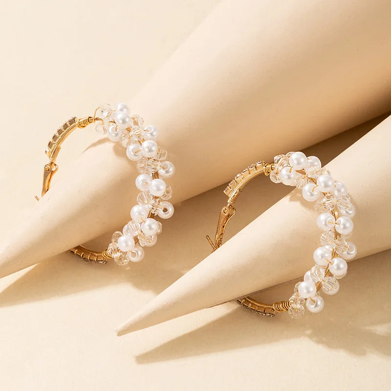 

New 2022 Hand-made Pearl Beaded Ring Earring Rice Bead Alloy Geometric Earrings