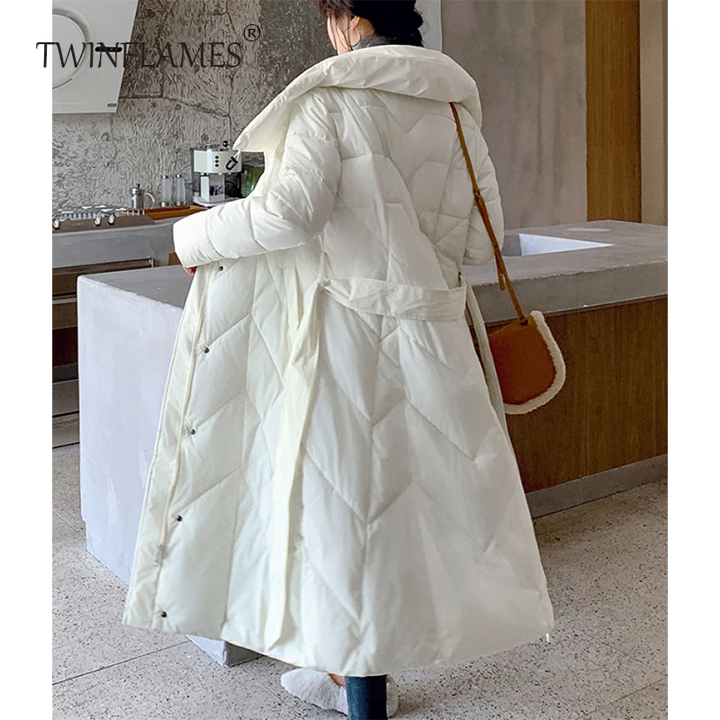 TWINFLAMES Thicken Parkas Women Fashion Long Loose Cotton Jacket Coats Women Elegant Belt Cotton Jackets Female Ladies