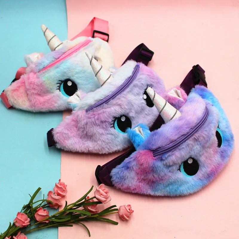 Cute Unicorn Children's Fanny Pack Girls Waist Bag Kids Plush Toys Belt Gradient Color Anime Cartoon Coin Purse Travel Chest Bag