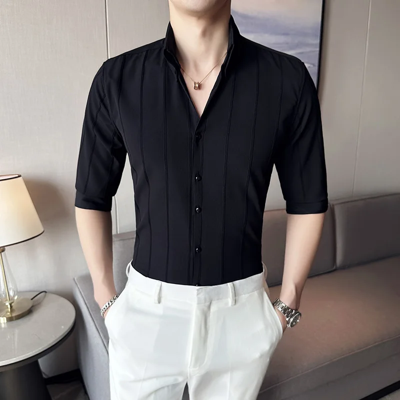 

Summer Business Casual Shirts for Men Fashion Striped Print V-Neck Mens Tuxedo Shirt Streetwear Club Prom Handsome Men Clothing