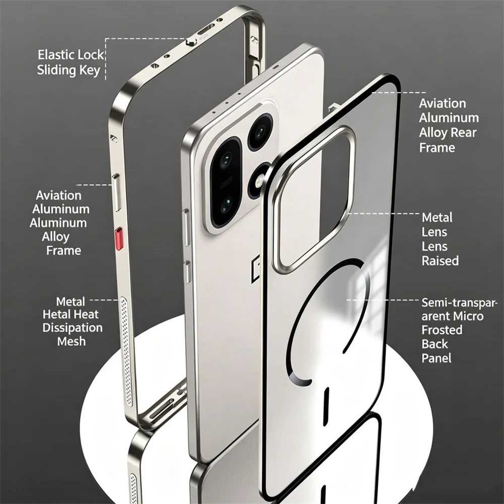 Фото Чехол для телефона OnePlus 15, One Plus 15T, 1+15, 1+15T из алюминиевого сплава с металлической рамкой и магнитной задней крышкой из закаленного стекла. №1