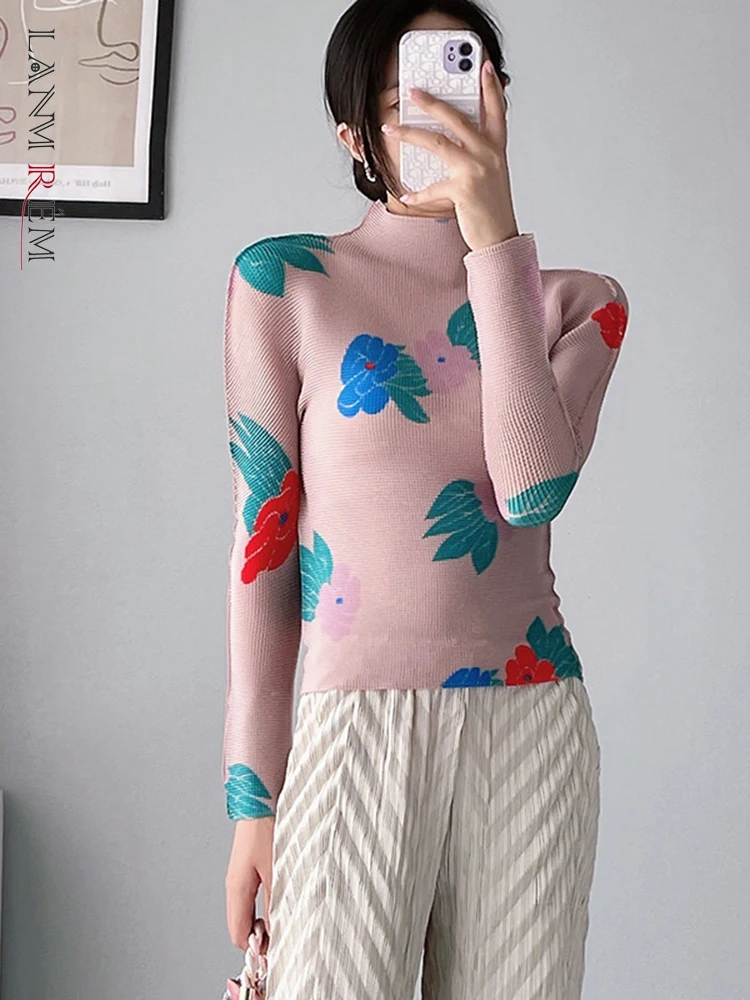 

LANMREM тонкая плиссированная футболка с принтом для женщин 2023 Лето Весна длинный рукав водолазка Модный Стиль Верхняя одежда Топ 2R4625