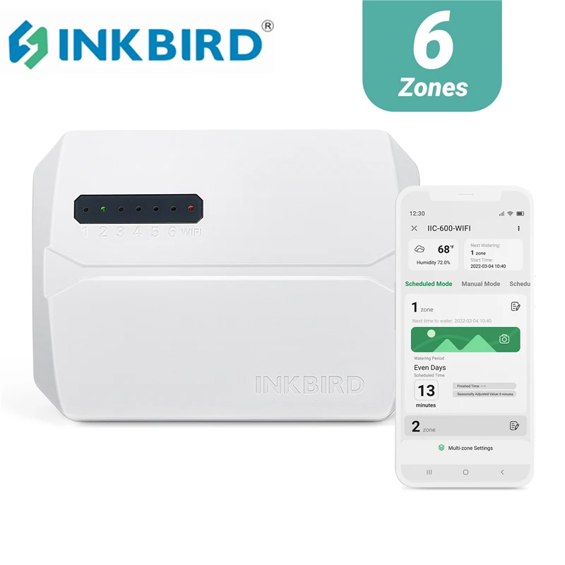 INKBIRD 6-Zone Control Wi-Fi Smart Sprinkler Controller Indoor/Outdoor Irrigation Timer Free App Monitor Supports Rain Skip