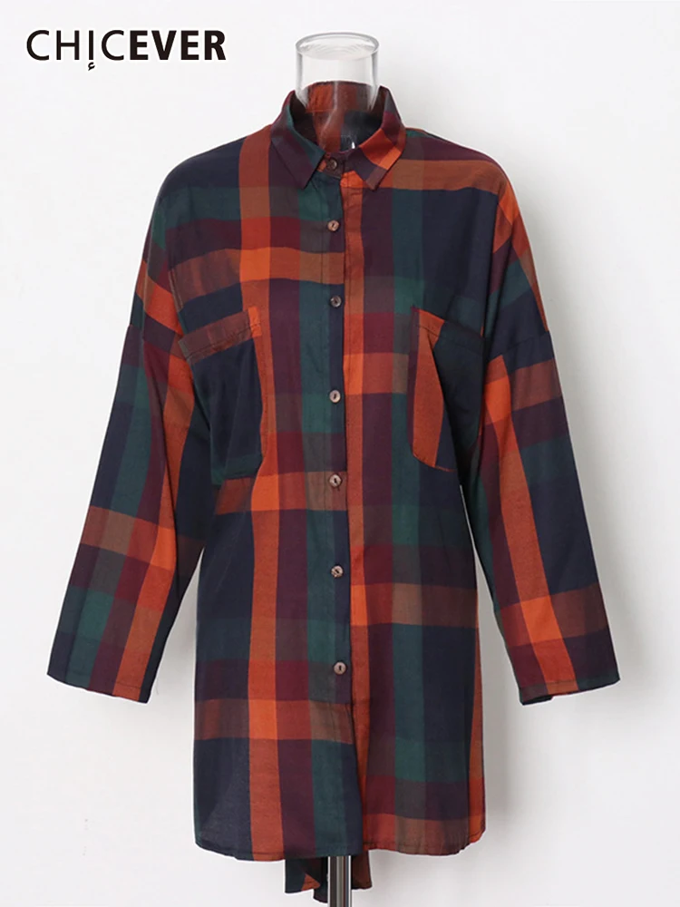 

CHICEVER тонкая рубашка в мелкую клетку для женщин с отворотом и длинным рукавом, свободная цветная блузка на пуговицах, женская модная одежда, ...