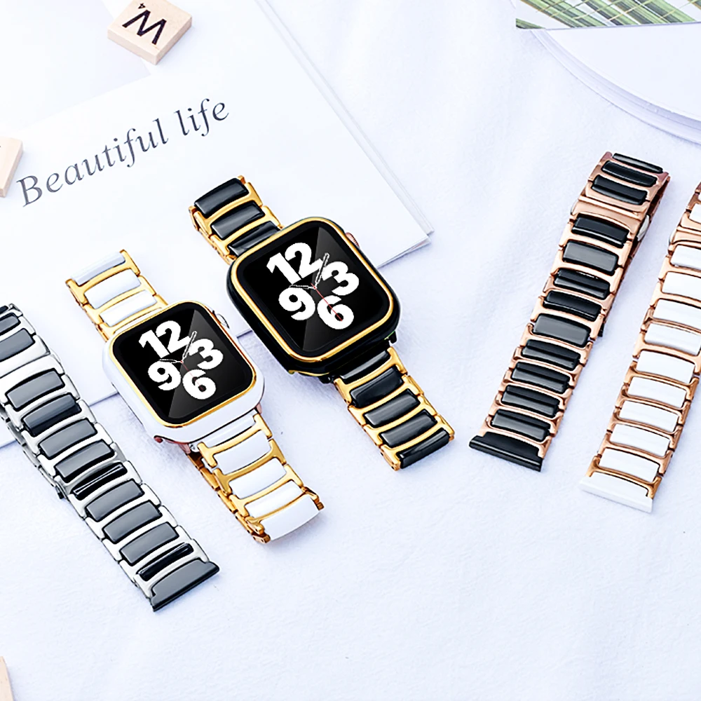 Керамический ремешок и чехол для Apple Watch band 44 мм 45 42 звеньевой браслет iWatch series 7 6 5 4 3
