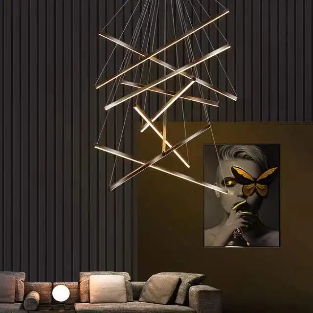 

Simple Duplex Building Highrise Empty Living Room Bedroom Hall Personality Long LED Line Lamp Modern Black Stair Chandelier